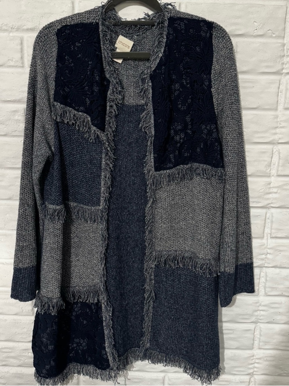 Chicos Textured Patchwork Lace Fringe Cardigan Duster Women’s 2 Navy Blue
